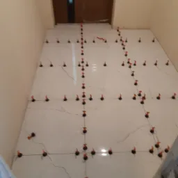 Białe płytki podłogowe z szarymi żyłkami, wyr&oacute;wnane za pomocą pomarańczowych krzyżyk&oacute;w dystansowych, widok z g&oacute;ry na etapie układania.