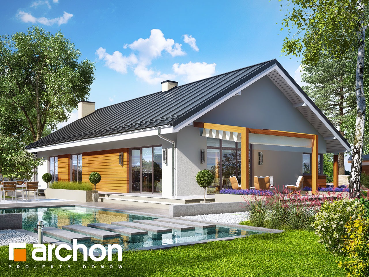 Wizualizacja nowoczesnego parterowego domu z szarą elewacją, drewnianymi akcentami i basenem z przejściami z płyt, otoczonego zielenią.