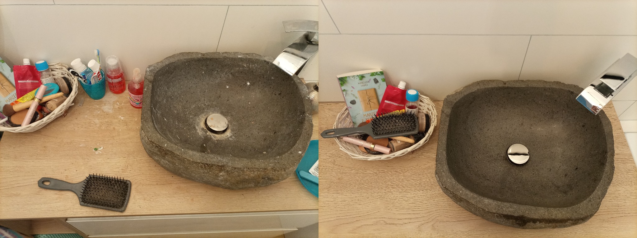 Umywalka z kamienia o nieregularnym kształcie, z chromowaną baterią, otoczona akcesoriami kosmetycznymi w koszyku wiklinowym i szczotką do włosów na drewnianym blacie w łazience.