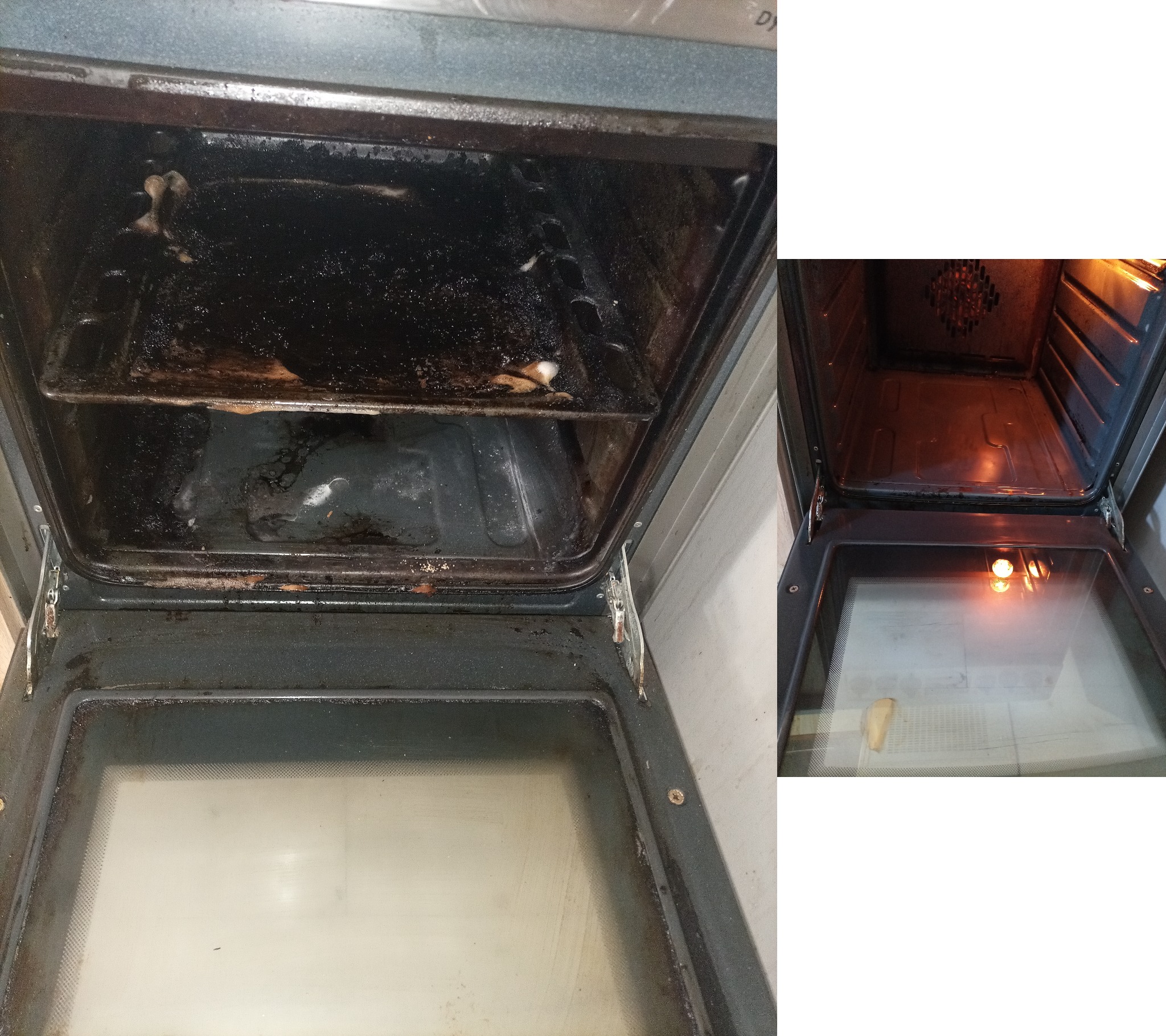 Brudny piekarnik przed czyszczeniem, widoczne przypalone resztki jedzenia na dnie i ściankach, po prawej stronie piekarnik po czyszczeniu z włączonym światłem wewnątrz.