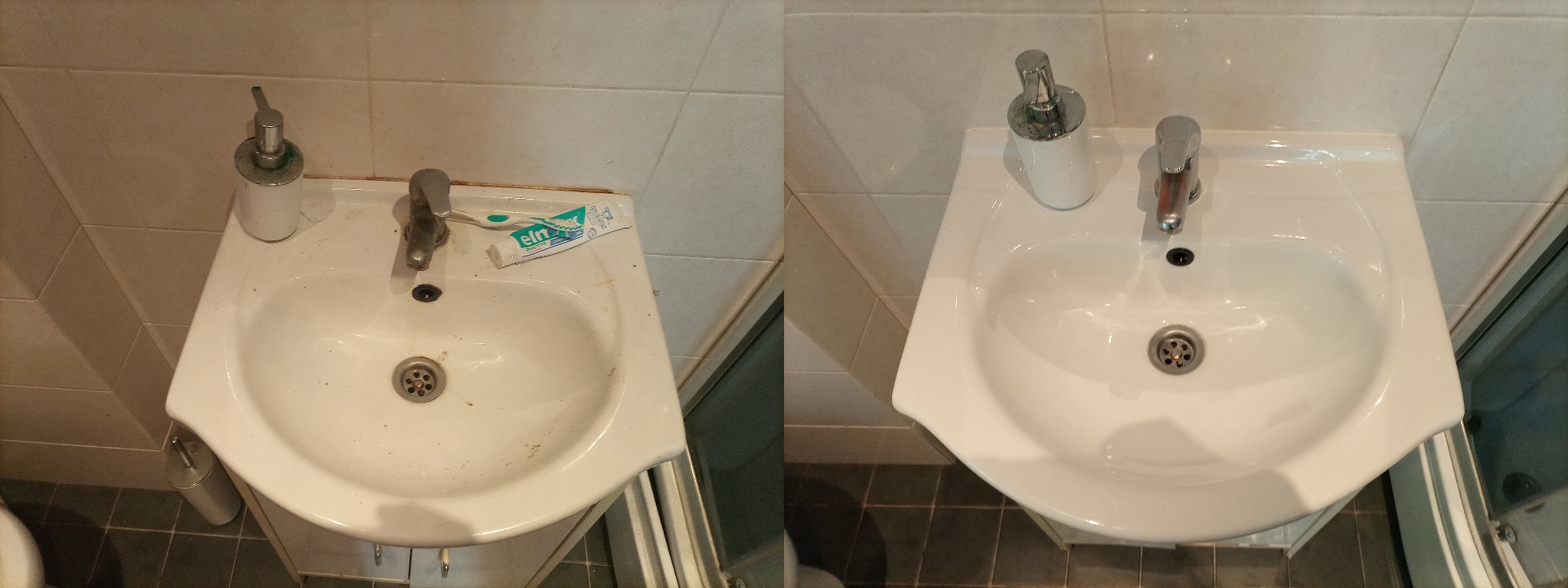 Porównanie umywalki przed i po czyszczeniu: po lewej stronie zabrudzona umywalka z pastą do zębów i szczoteczką, po prawej czysta, błyszcząca umywalka z dozownikiem mydła.