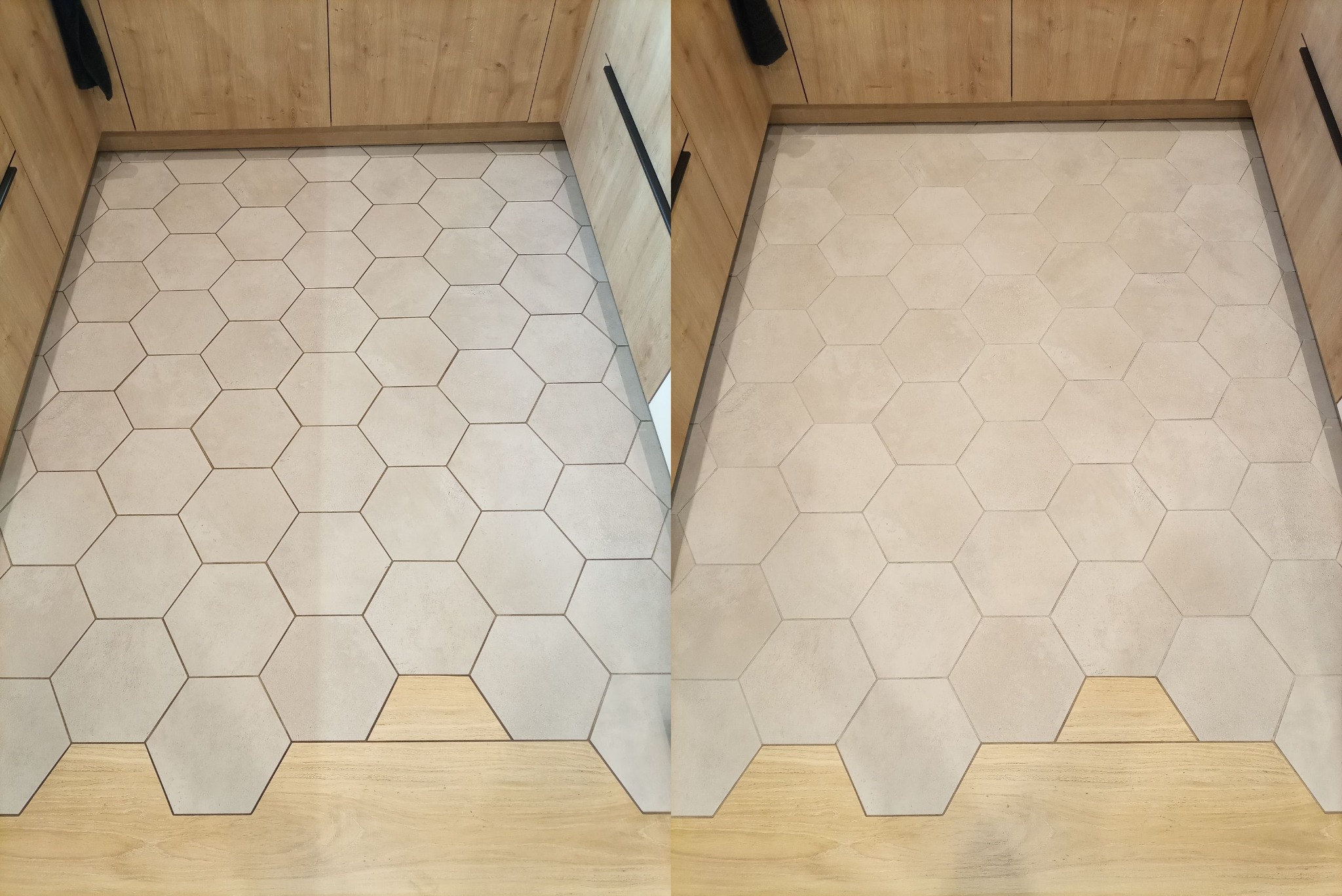 Podłoga w kuchni wyłożona jasnymi, heksagonalnymi płytkami ceramicznymi, widok z góry, z widocznymi fragmentami drewnianych szafek kuchennych po bokach.