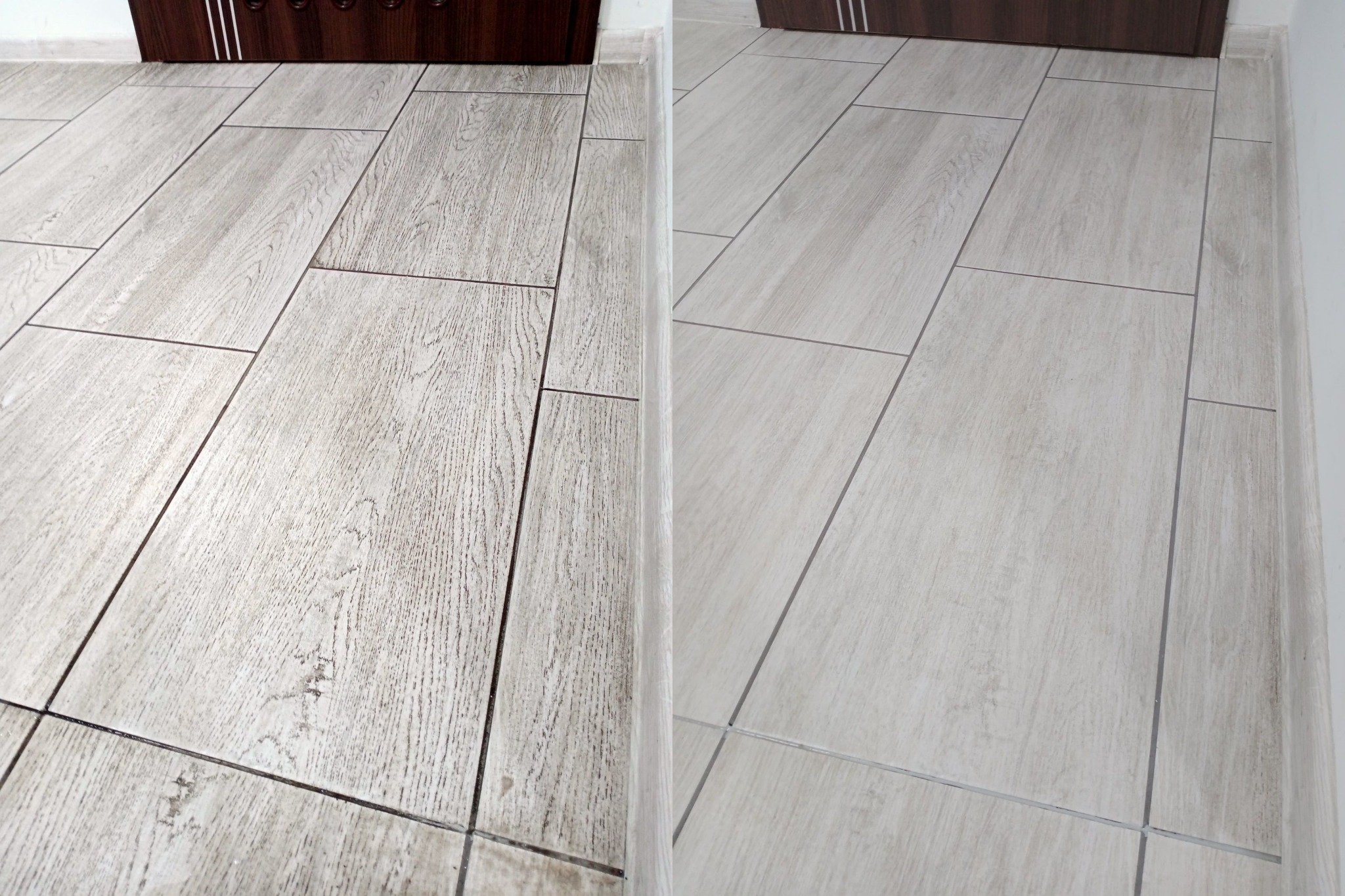 Porównanie płytek podłogowych przed i po czyszczeniu, widoczne różnice w odcieniu i usunięte zabrudzenia w fugach, z bliska ujęcie podłogi z imitacją drewna.