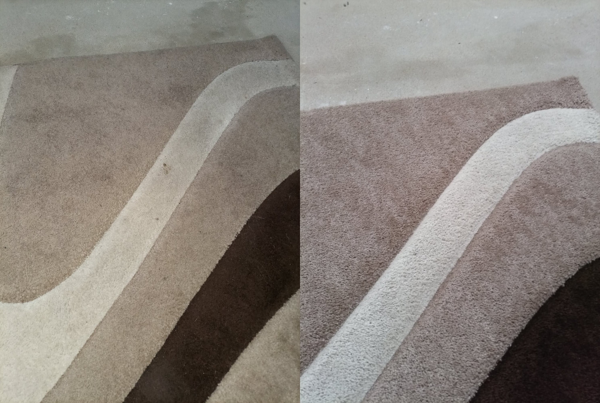 Dywan w geometryczne wzory, widok przed i po czyszczeniu, z wyraźną różnicą w odcieniach i usuniętych plamach.