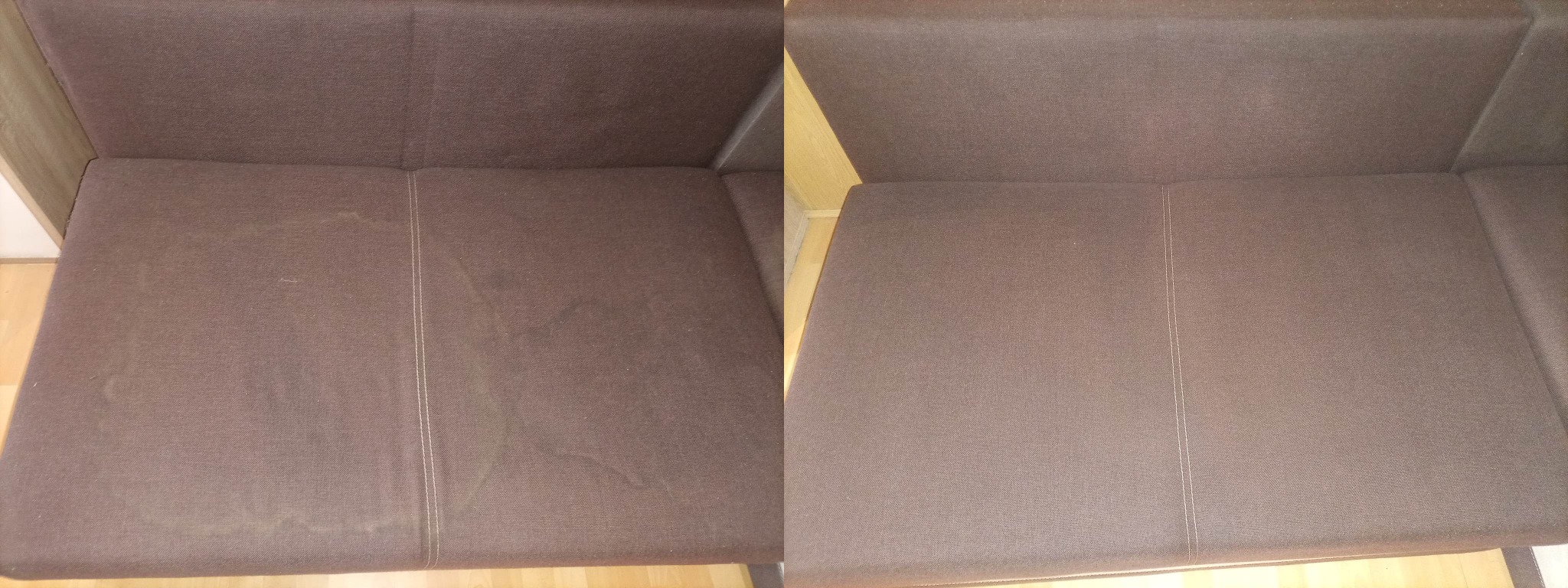 Porównanie: Fragment brudnej, brązowej tapicerki kanapy przed i po czyszczeniu, widoczne wyraźne plamy na lewej stronie i czysta powierzchnia po prawej.