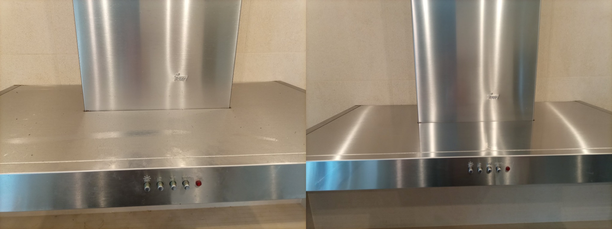 Porównanie stanu okapu kuchennego ze stali nierdzewnej przed i po czyszczeniu, widoczne różnice w połysku i usuniętych zabrudzeniach.