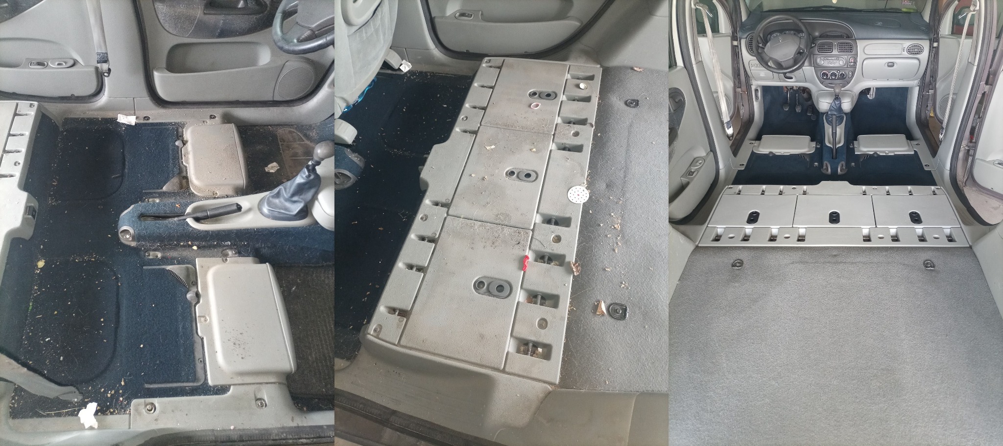 Wnętrze samochodu w Tuszynie, widoczne etapy czyszczenia podłogi: od mocno zabrudzonej, przez częściowo zdemontowaną, aż po odkurzoną i gotową do ponownego montażu.