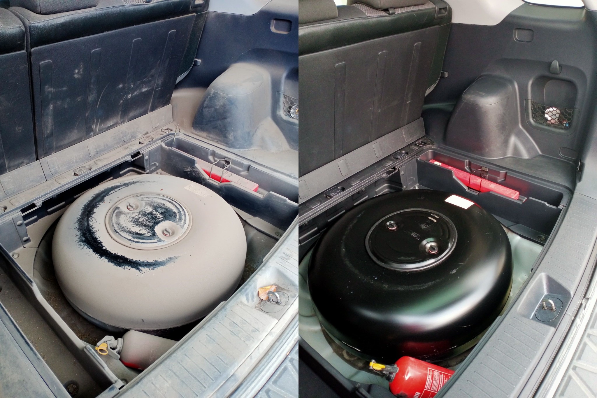 Porównanie bagażnika samochodu przed i po: brudny zbiornik LPG obok czystego, czarnego zbiornika LPG, widoczne różnice w czystości przestrzeni bagażowej i detali wykończeniowych.