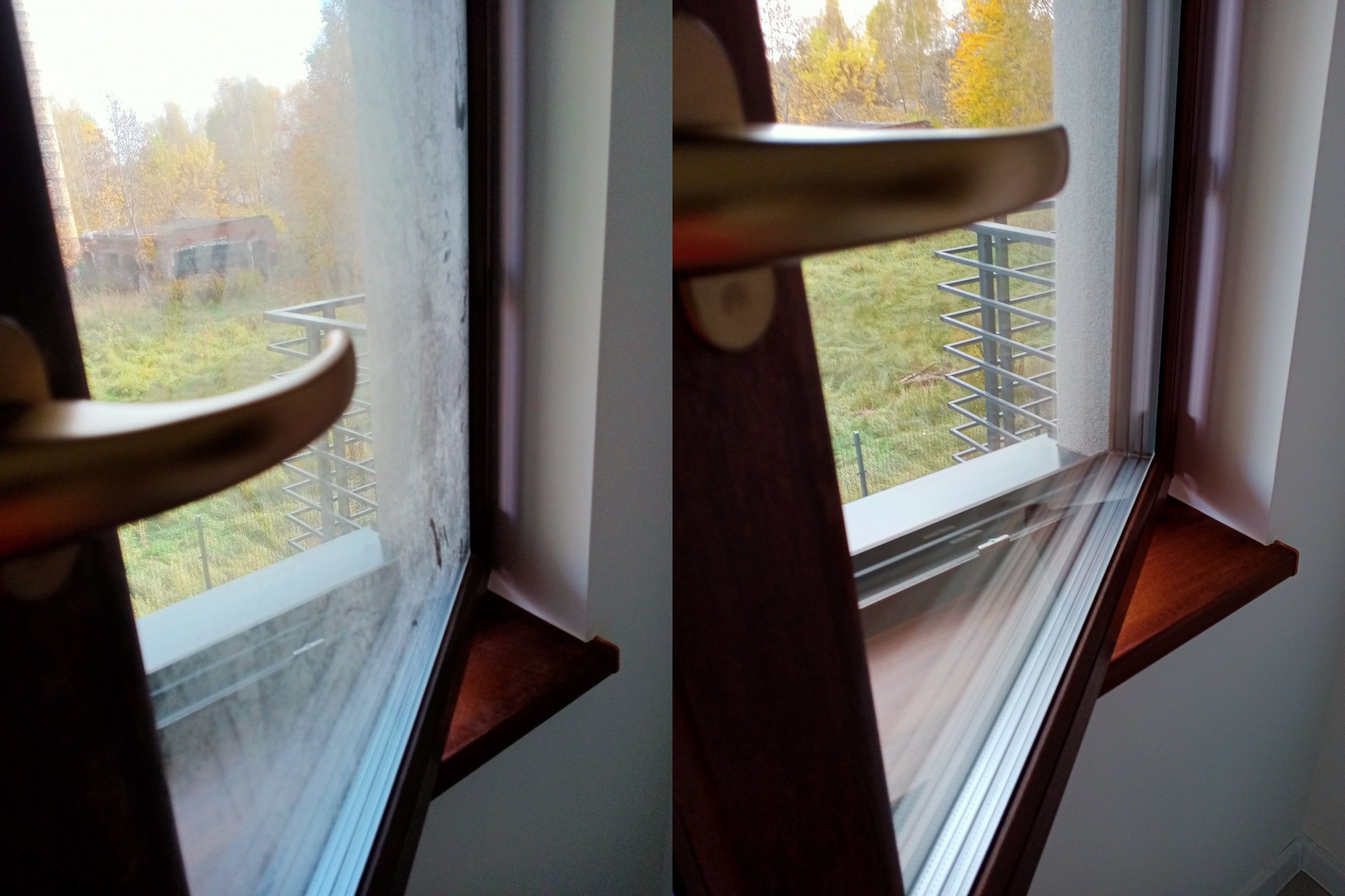 Porównanie okna przed i po umyciu: po lewej stronie szyba brudna, zamazana, po prawej czysta, przejrzysta, z widokiem na jesienny krajobraz z metalową barierką balkonu i oddalonym budynkiem.
