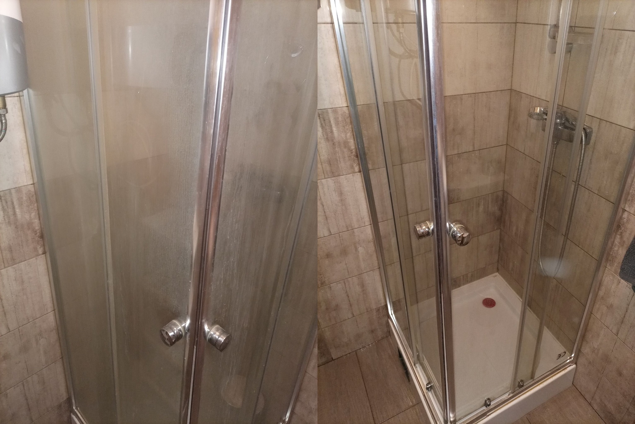 Porównanie: Kabina prysznicowa przed i po czyszczeniu, widoczne zacieki na szkle po lewej stronie i czysta powierzchnia po prawej, chromowane okucia, beżowe płytki na ścianach.