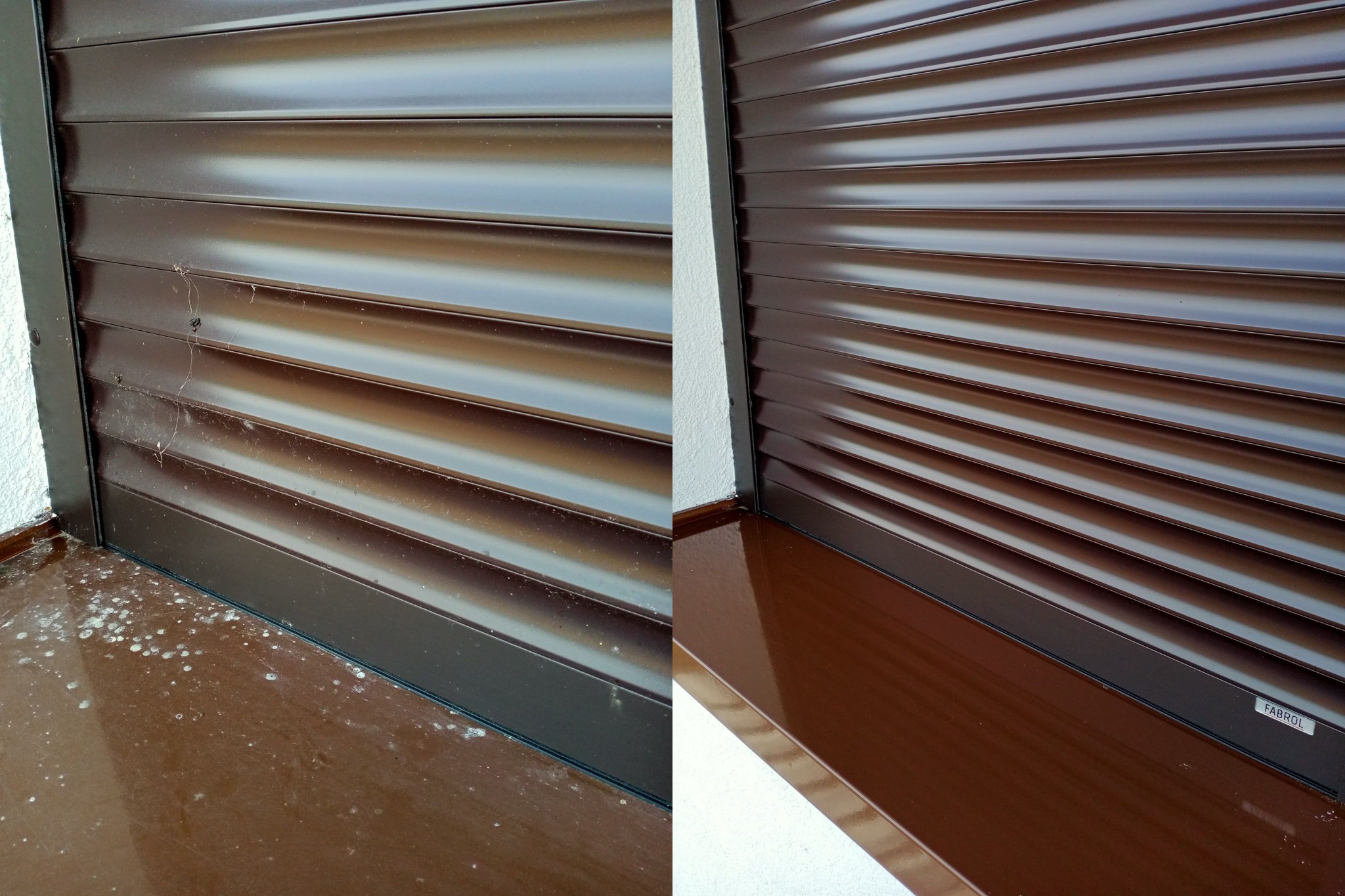 Porównanie: Brudna i czysta, brązowa roleta okienna po czyszczeniu, widoczne plamy i zabrudzenia przed i lśniąca powierzchnia po umyciu.