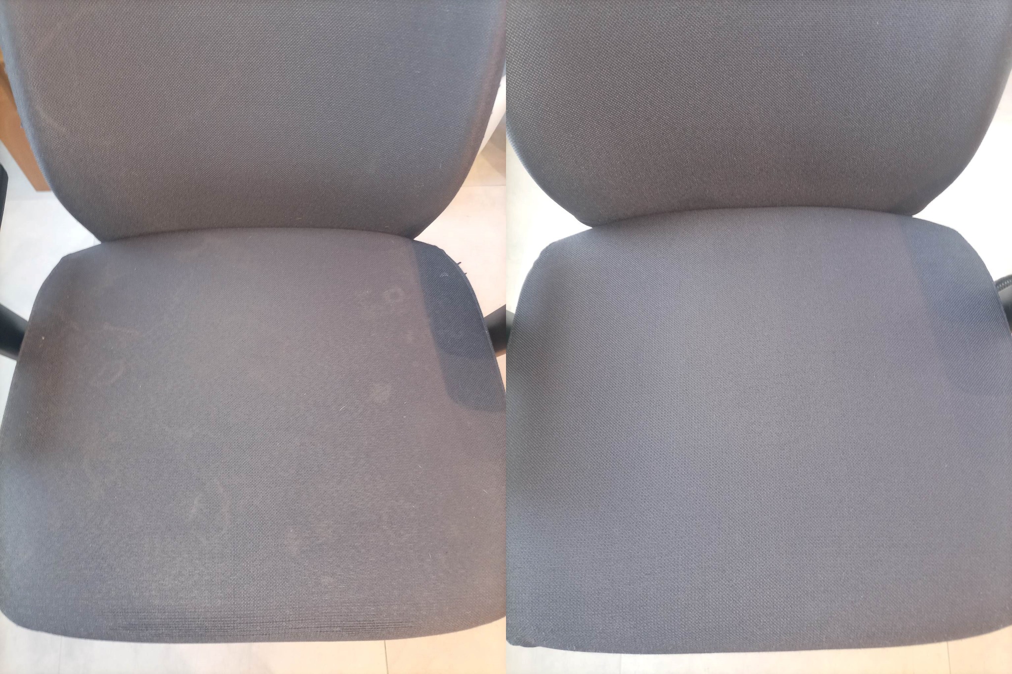 Porównanie krzesła biurowego przed i po czyszczeniu: widoczne plamy i zabrudzenia po lewej stronie kontrastują z czystą, odświeżoną tapicerką po prawej.