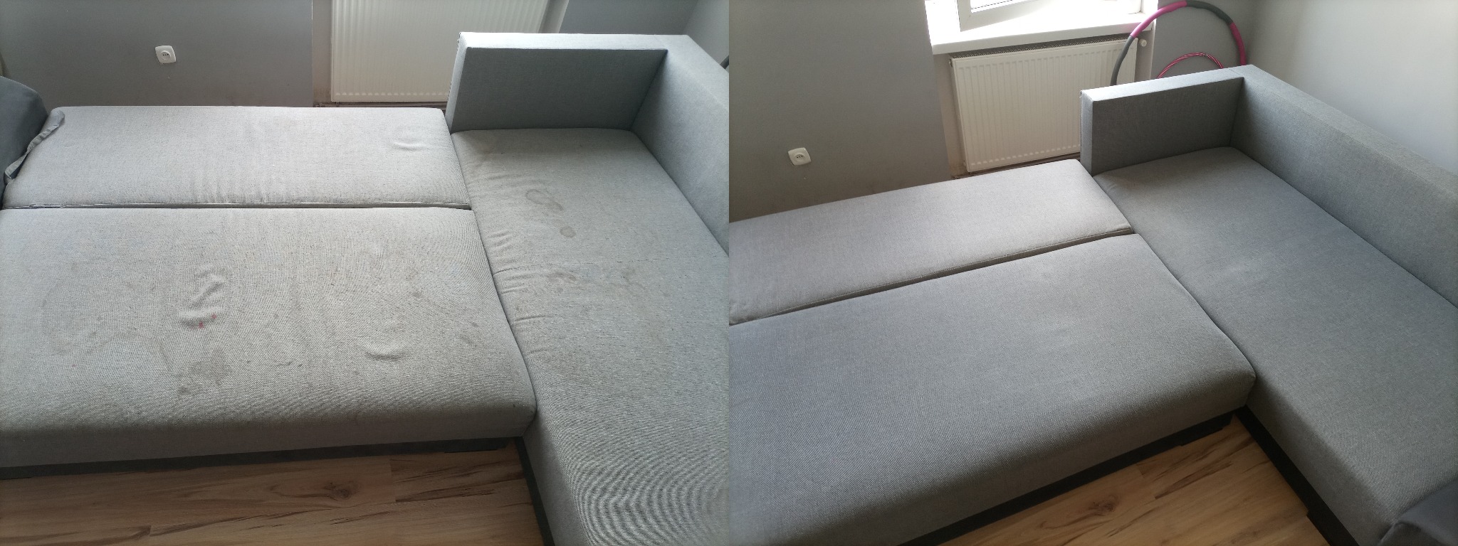 Porównanie: Szara, narożna kanapa modułowa przed i po czyszczeniu, widoczne plamy i zabrudzenia na lewej stronie, a po prawej stronie czysta tapicerka.