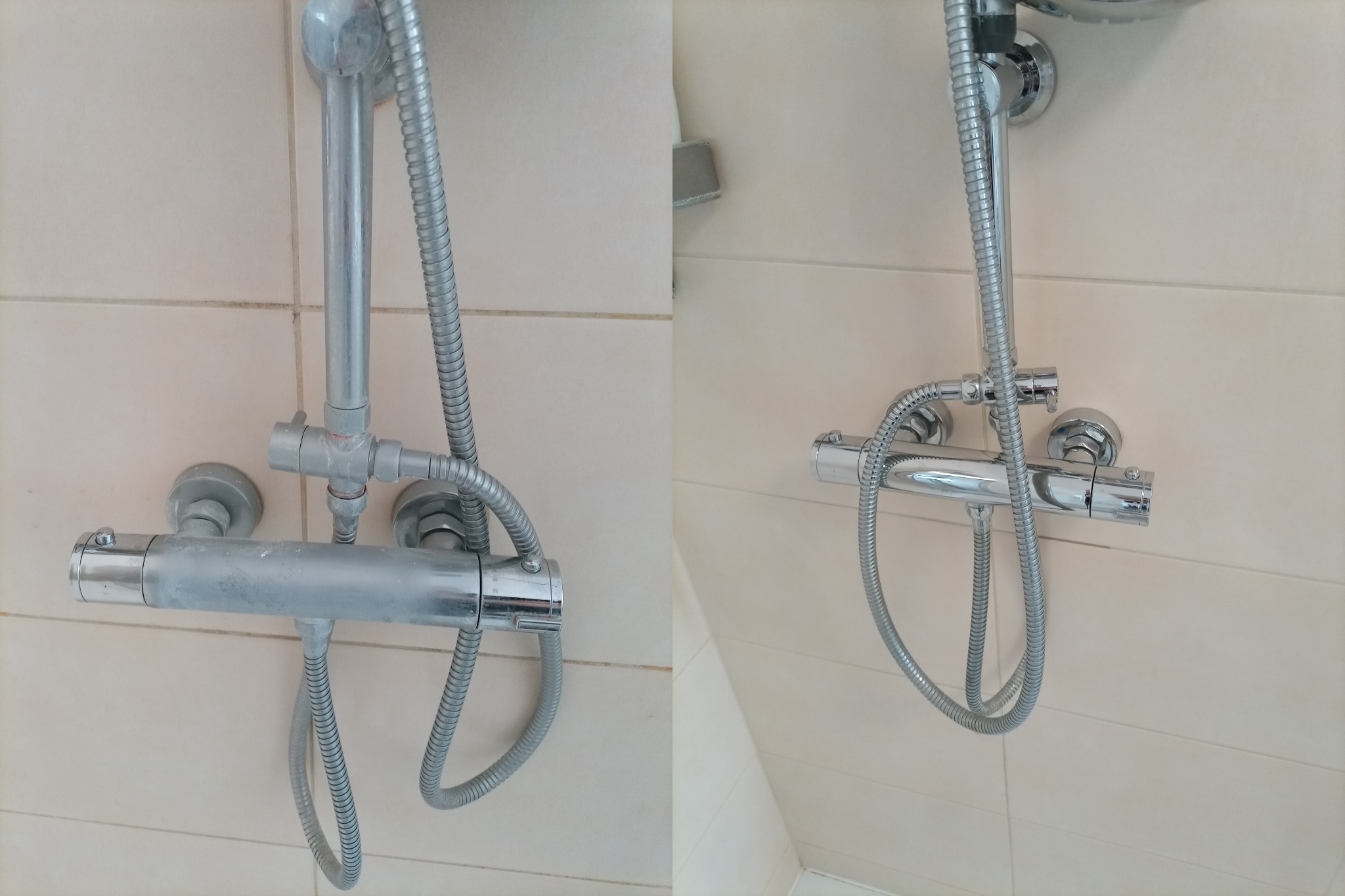 Porównanie baterii prysznicowej przed i po czyszczeniu, widoczne osady kamienia usunięte z chromowanej powierzchni.