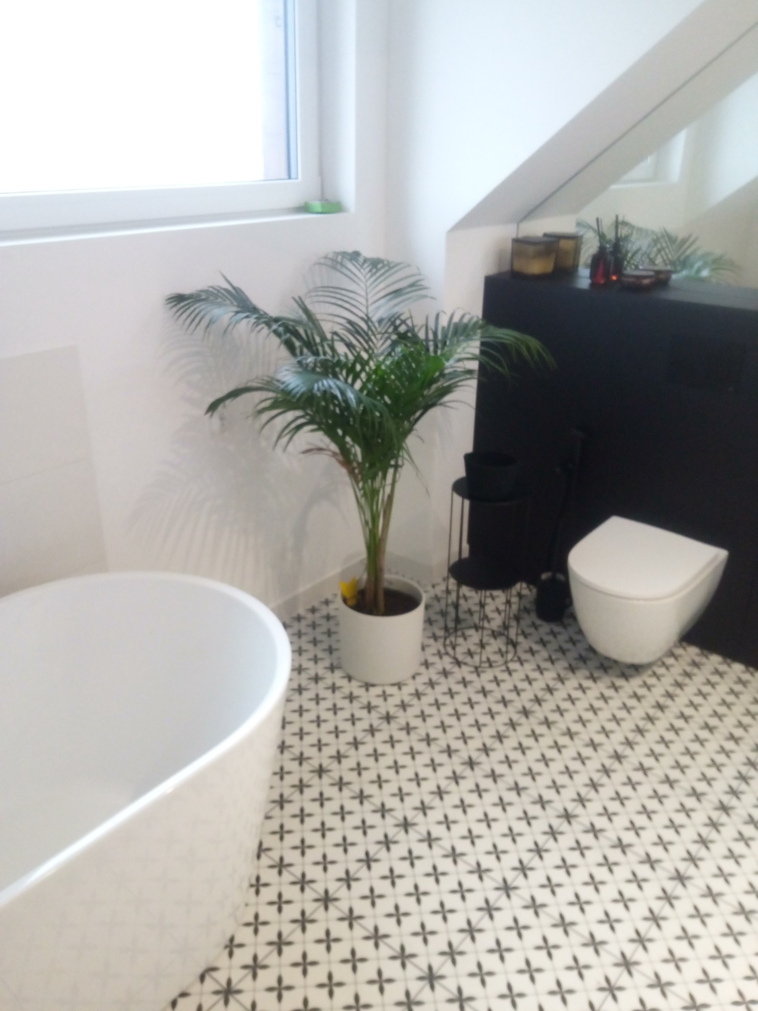 Nowoczesna łazienka z białą wanną, toaletą i czarnym panelem. Wnętrze dopełnia palma w doniczce i wzorzysta podłoga. Minimalistyczny design.
