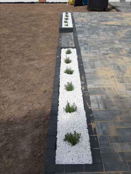 Ułożona kostka brukowa w szarym odcieniu z obramowaniem z ciemnej kostki, oddzielająca rabatę z białych kamieni i niskich krzewów od powierzchni ziemi.