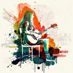 Ilustracja cyfrowa: Sylwetka kobiety grającej na gitarze akustycznej, siedzącej na krześle, z kolorowymi plamami i rozpryskami farby w tle.