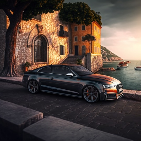 Elegancki, ciemny samochód sportowy zaparkowany na kamiennej ulicy w malowniczej nadmorskiej scenerii z budynkami w stylu śródziemnomorskim i łodziami na wodzie w tle, oświetlony ciepłym...