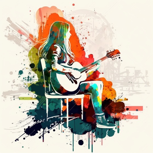 Ilustracja cyfrowa: Sylwetka kobiety grającej na gitarze akustycznej, siedzącej na krześle, z kolorowymi plamami i rozpryskami farby w tle.