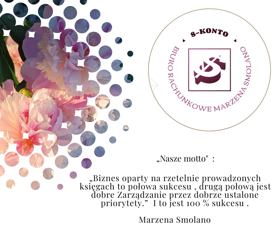 Eleganckie logo biura rachunkowego S-KONTO Marzena Smolano z kwiatowym motywem i mottem o rzetelnych księgach jako połowie sukcesu.