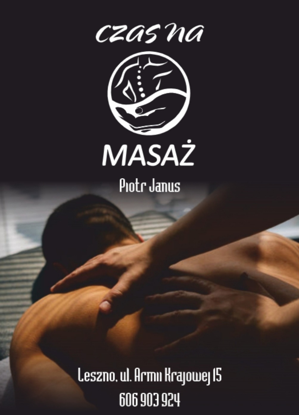 Grafika reklamowa: Mężczyzna podczas masażu pleców, logo firmy z adresem i numerem telefonu
