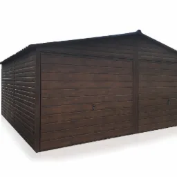 Dwustanowiskowy, brązowy garaż z blachy imitującej drewno, z dachem dwuspadowym, na białym tle.