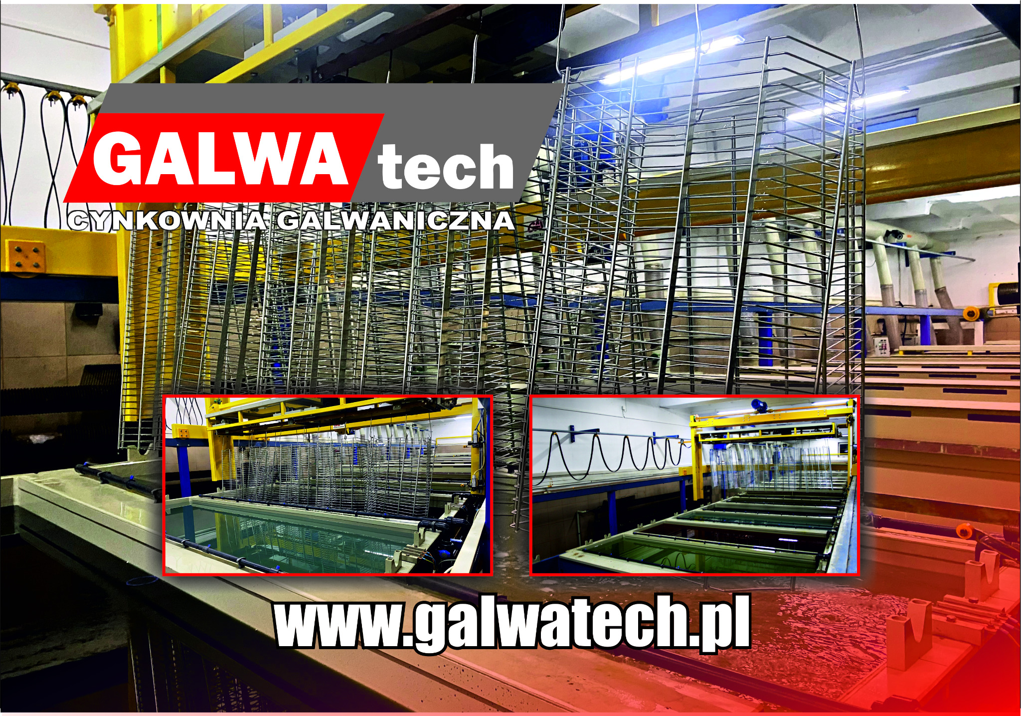 Metalowe konstrukcje zanurzone w kąpieli galwanicznej w hali produkcyjnej z logo firmy Galwa Tech.
