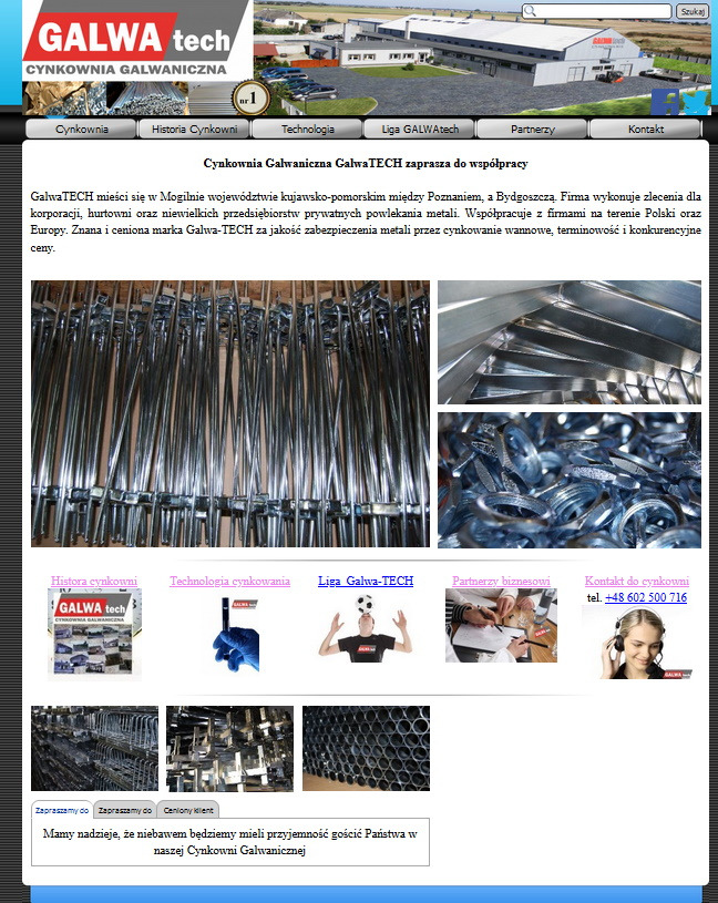 Strona internetowa firmy GalwaTECH, specjalizującej się w cynkowaniu galwanicznym, prezentująca zdjęcia metalowych elementów przed i po procesie powlekania.