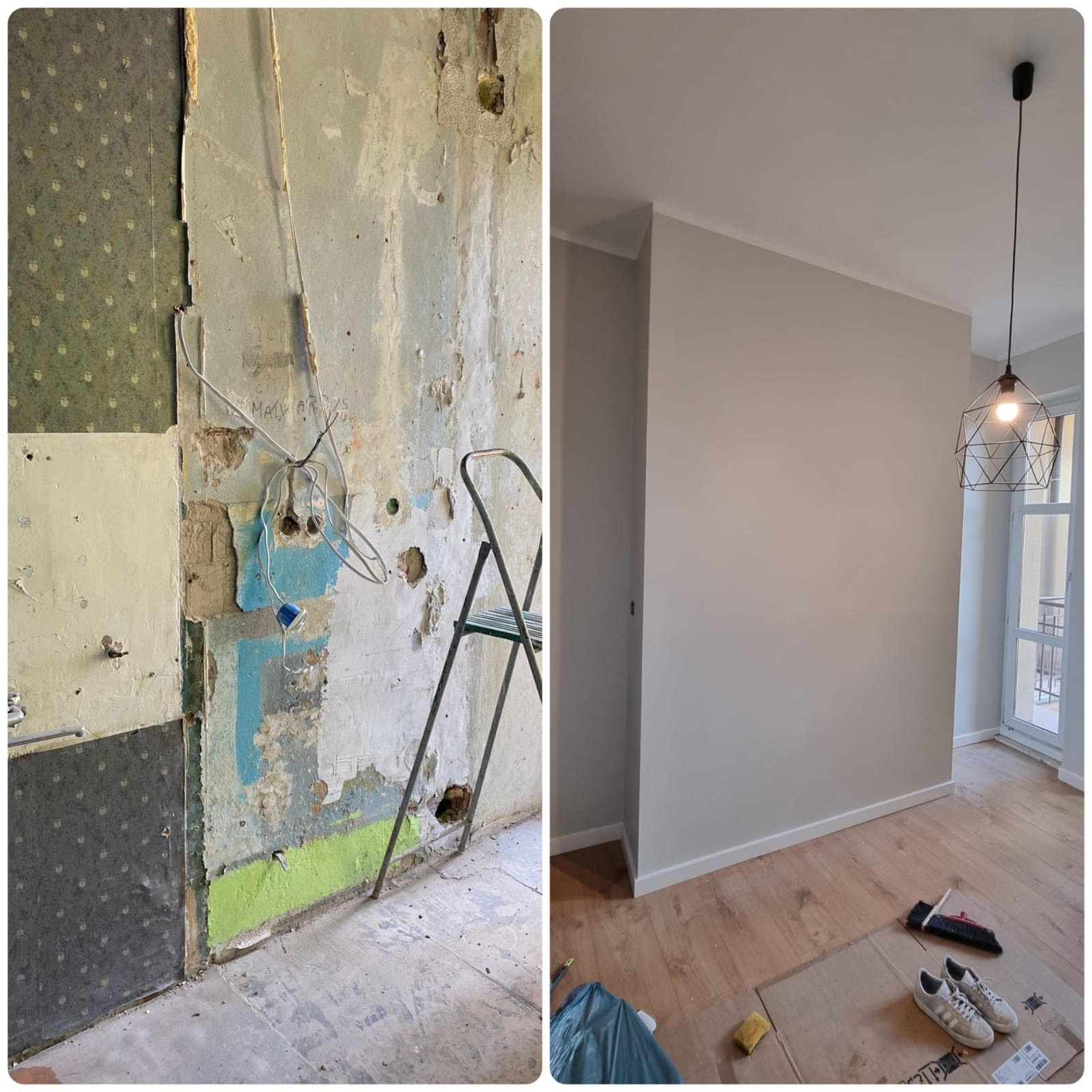 Porównanie stanu pokoju przed i po remoncie: od ściany z resztkami tapet, odsłoniętymi przewodami i drabiny, do gładkiej, pomalowanej ściany z oświetleniem i nową podłogą.