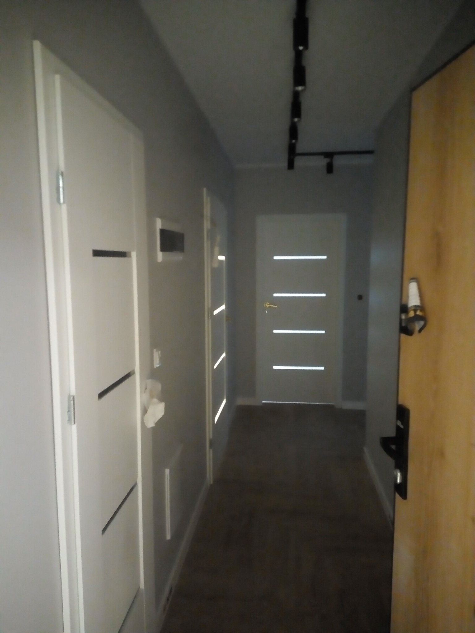 Korytarz po remoncie z trzema parami białych drzwi z poziomymi, czarnymi paskami, oświetlony czarnymi reflektorami sufitowymi.