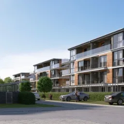Wizualizacja szeregu nowoczesnych budynków mieszkalnych z drewnianą elewacją, szklanymi balkonami i dużymi oknami, z zaparkowanymi samochodami i zielenią w otoczeniu.