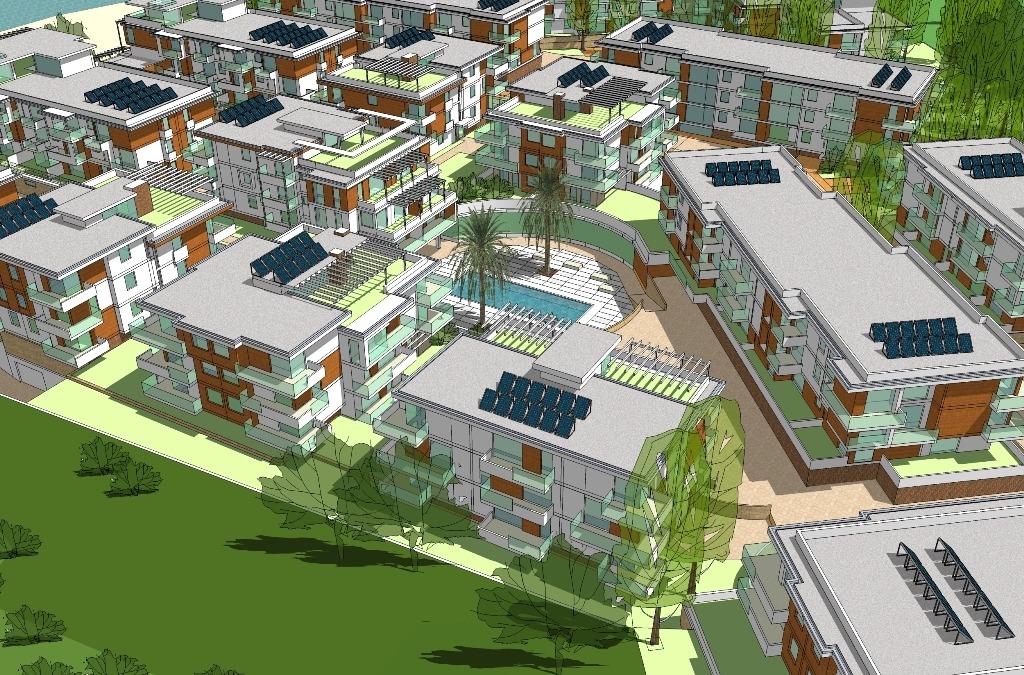 Wizualizacja osiedla budynków wielorodzinnych z panelami słonecznymi na dachach, centralnie umieszczony basen z palmami.