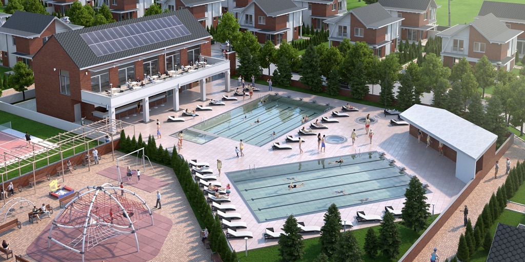 Wizualizacja osiedla mieszkaniowego z dwoma basenami, placem zabaw i budynkiem klubowym z panelami słonecznymi na dachu.