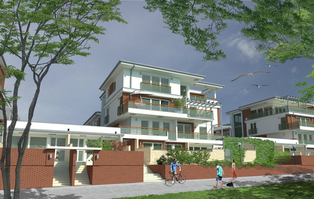 Wizualizacja osiedla budynków mieszkalnych z balkonami, z ceglanym ogrodzeniem, zieleń, spacerujący ludzie i rowerzysta, błękitne niebo z ptakami.