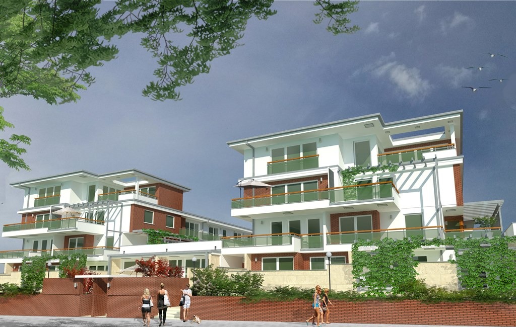 Wizualizacja zespołu budynków mieszkalnych z balkonami i ceglaną elewacją, otoczonych zielenią i przechodniami.