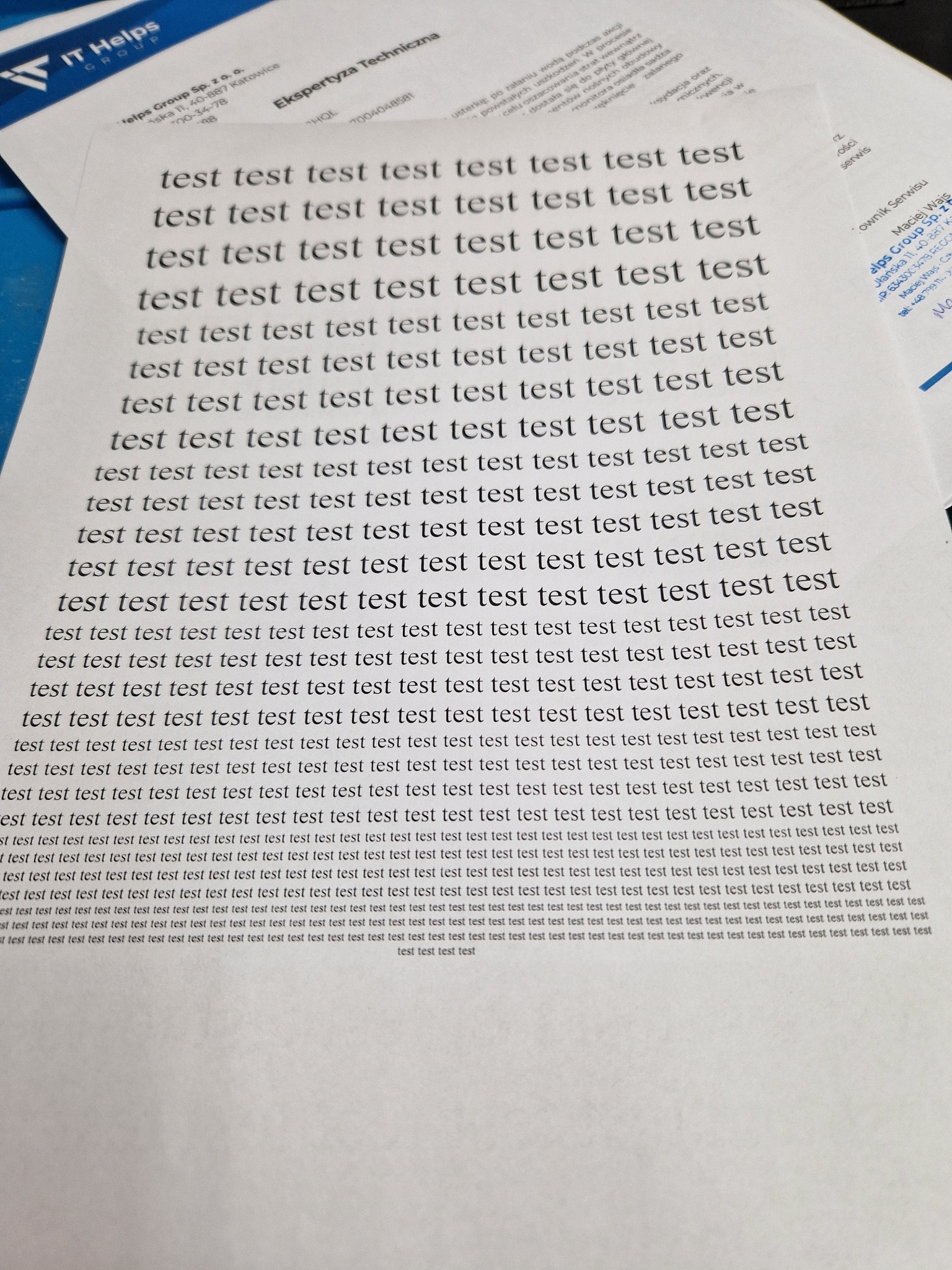 Strona testowa drukarki po wykonanym serwisie