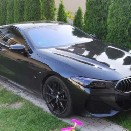 Czarne BMW Serii 8 Coupe po przyciemnieniu szyb przednich i nałożeniu folii PPF ochronnej przyciemniającej na lampy, zaparkowane na trawniku przed żywopłotem.