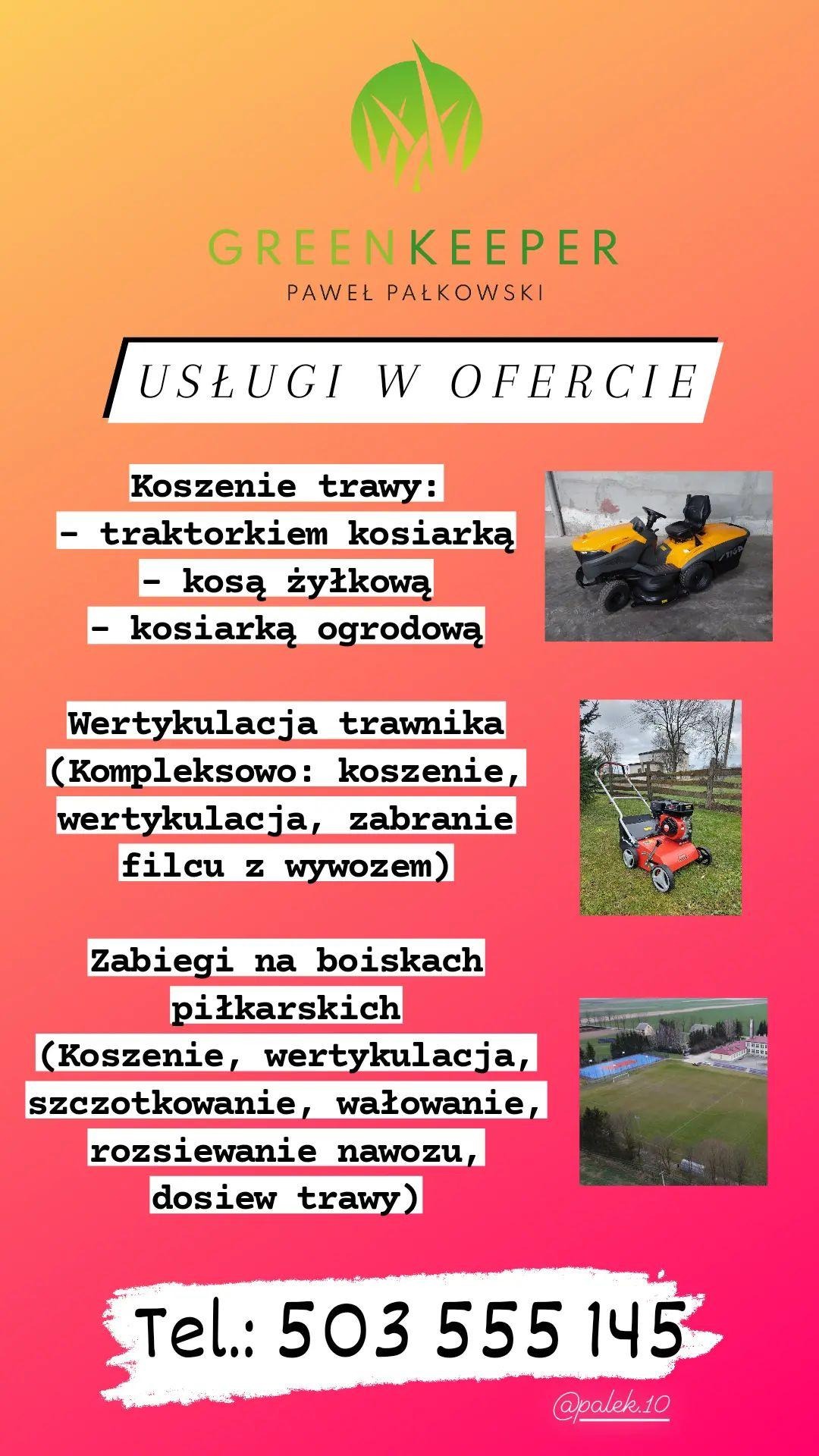 Grafika reklamowa firmy Greenkeeper Pawła Pałkowskiego oferującej usługi: koszenie trawy traktorkiem, kosą żyłkową i kosiarką ogrodową, wertykulację trawnika oraz zabiegi na boiskach piłkarskich,...