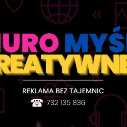 Grafika reklamowa z napisem 'BIURO MYŚLI KREATYWNEJ', pod spodem 'REKLAMA BEZ TAJEMNIC' i numerem telefonu, otoczona ikonami w stylu flat design na czarnym tle.