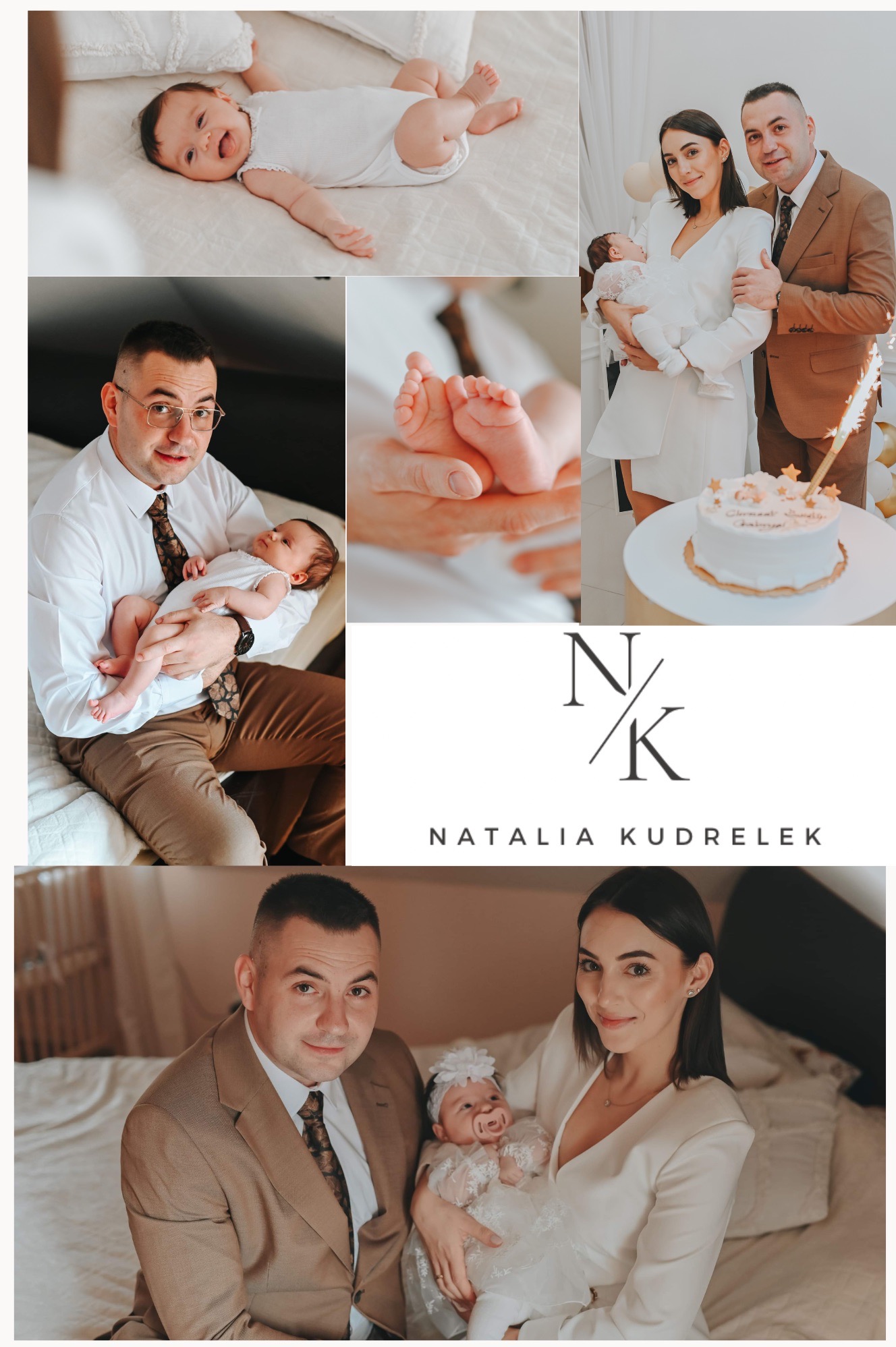 Kolaż zdjęć z uroczystości rodzinnej: uśmiechnięte niemowlę leżące na łóżku, zbliżenie na stopy dziecka w dłoniach rodzica, portret rodziców z dzieckiem przy torcie urodzinowym, logo fotografa.