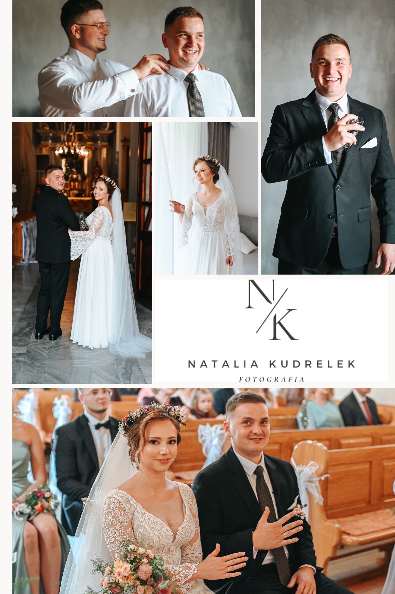 Kolaż zdjęć ślubnych: pan młody w różnych ujęciach, panna młoda w koronkowej sukni z kwiatowym wiankiem, para młoda w kościele i logo fotografa.