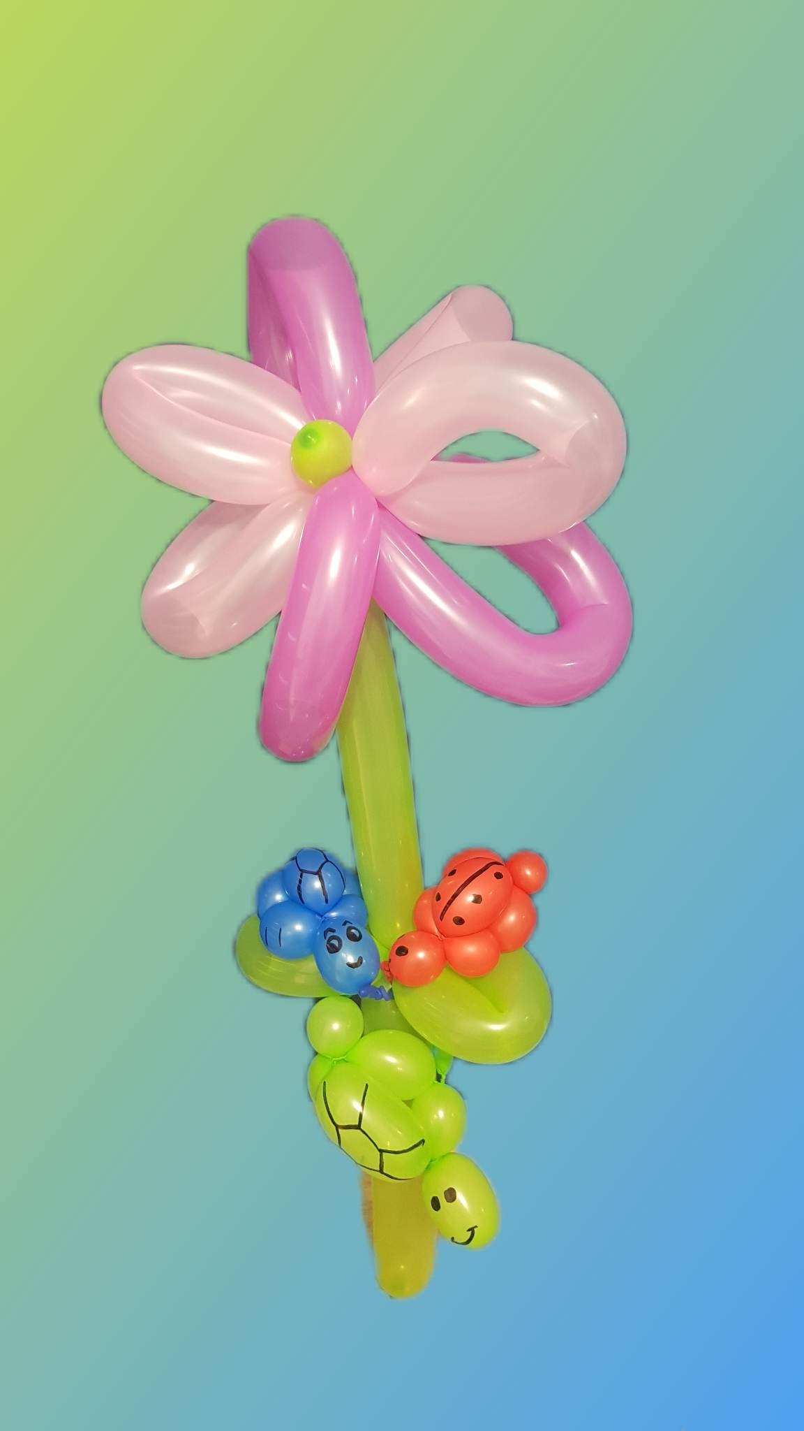 Kompozycja z balonów: różowo-biały kwiat z zielonym środkiem, otoczony zielonymi liśćmi, na których siedzą niebieski chrząszcz, czerwona biedronka i zielony żółw, wszystko wykonane z balonów.