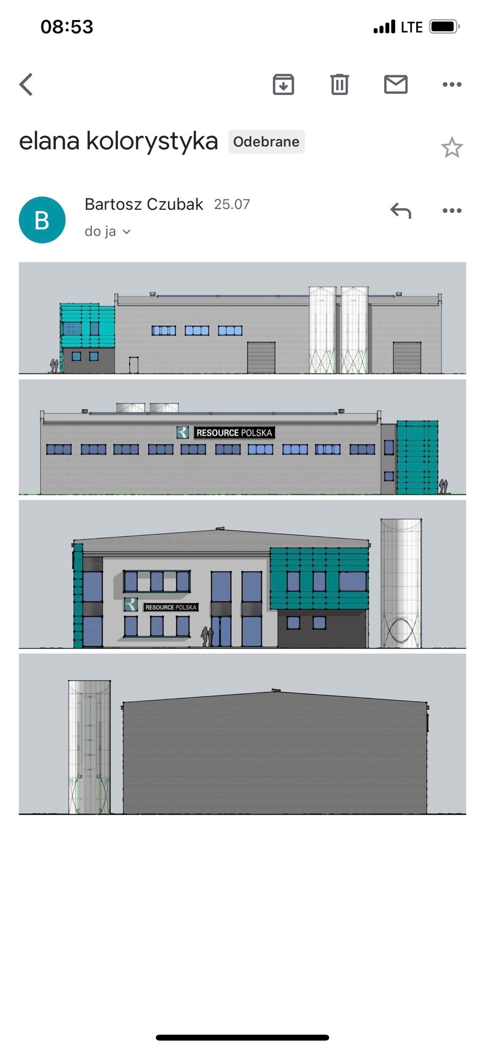 Projekt elewacji budynku przemysłowego z elementami w kolorze turkusowym, prezentujący różne ujęcia i detale architektoniczne, w tym okna, drzwi i zbiorniki.