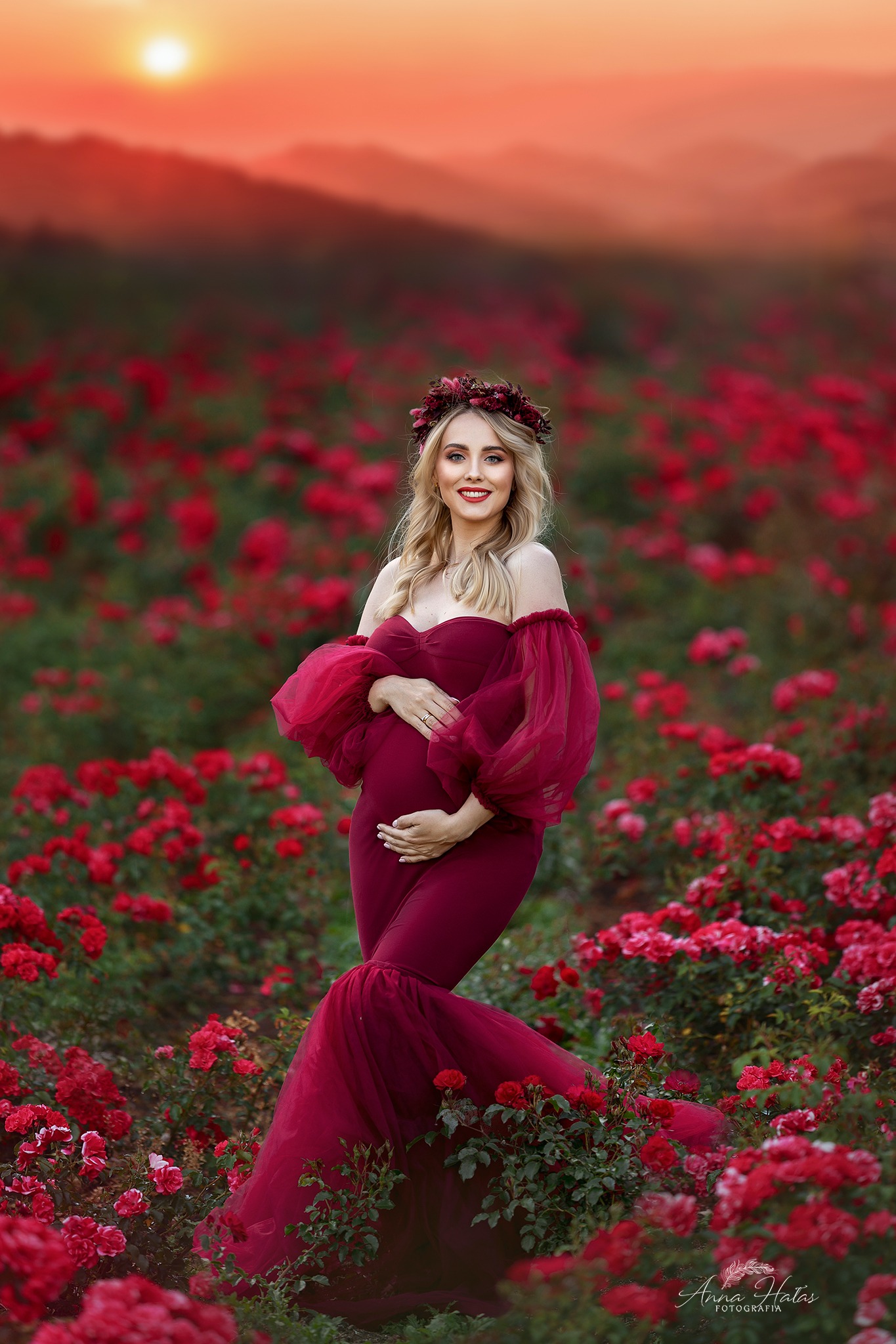Uśmiechnięta, ciężarna blondynka w burgundowej sukni z tiulowymi rękawami i wiankiem na głowie, pozuje w polu czerwonych róż o zachodzie słońca.
