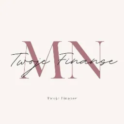 Logo firmy finansowej z inicjałami MN w kolorze pudrowego różu i napisem 'Twoje Finanse' wykonanym ozdobną czcionką.
