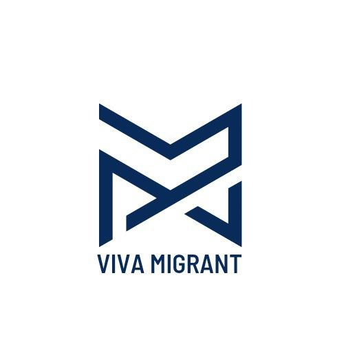 Granatowe logo 'Viva Migrant' z abstrakcyjnym symbolem przypominającym literę M, na białym tle.