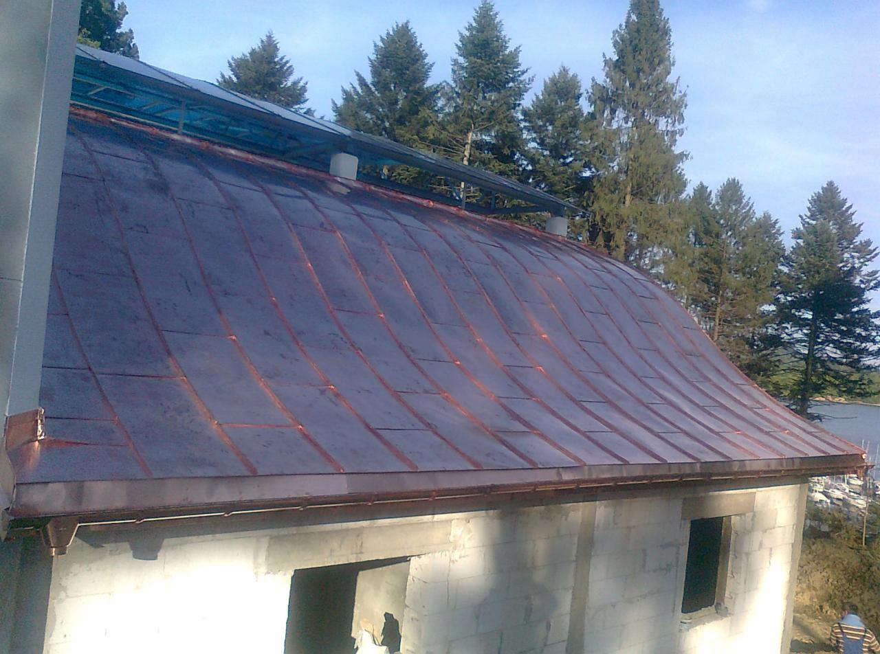 Miedziany dach o zaokrąglonym kształcie na surowym budynku, z widocznymi panelami solarnymi i rynnami, na tle drzew i błękitnego nieba.