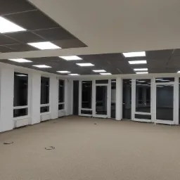 Puste biuro z wykładziną, białymi ścianami, oknami z czarnymi ramami i panelami sufitowymi z wbudowanym oświetleniem LED.