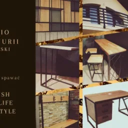 Kolaż prezentujący wyroby ze stali i drewna w stylu loft: regał, balustrada, stolik barowy, krzesło, wieszak, biurko i szafka RTV, z logo firmy 'Studio Stali Yurii Żurawski'.