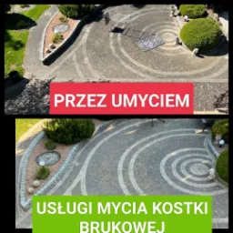 Porównanie stanu kostki brukowej przed i po czyszczeniu, widok z góry na okrągły wzór z kostki, zieleń wokół, na górnym zdjęciu napis 'PRZED UMYCIEM', na dolnym 'USŁUGI MYCIA KOSTKI BRUKOWEJ'.